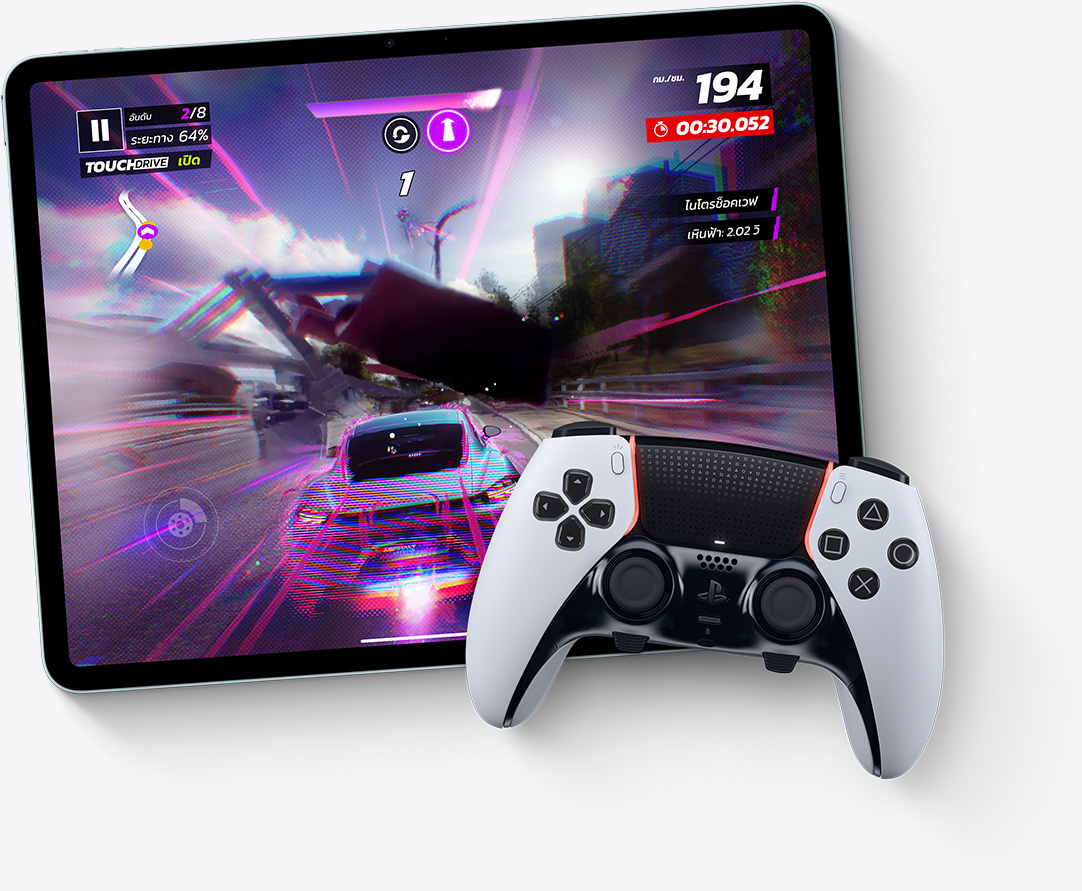 iPad Air, วางในแนวนอน, หน้าจอแสดงวิดีโอเกม Asphalt Legends Unite, อุปกรณ์ควบคุม Playstation