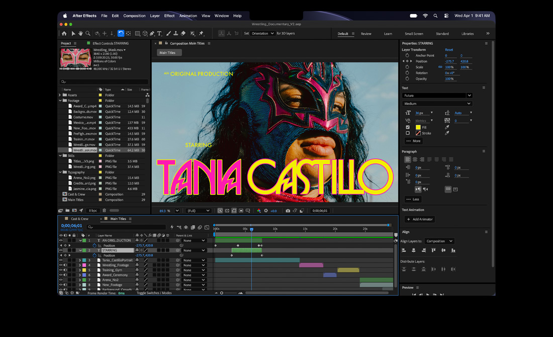 MacBook Pro, After Effects, บัตรชื่อเรื่องเขียนว่า: An Original Production, Starring Tania Castillo, อยู่เหนือรูปภาพของนักมวยปล้ำที่สวมหน้ากากลูชาดอร์สีชมพูและสีฟ้า, มีแผงคุณสมบัติและไทม์ไลน์แสดงอยู่