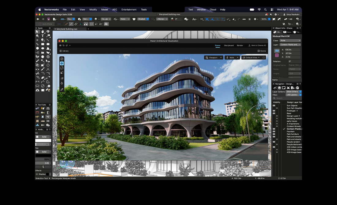 หน้าจอ MacBook Pro แสดง Vectorworks Design Suite