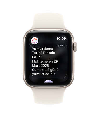 Apple Watch SE 3, alüminyum kasa, yıldız ışığı renk, Sağlık uygulamasındaki Döngü İzleme’den yumurtlama tarihi tahminiyle ilgili bildirim, Digital Crown, Spor Kordon, yıldız ışığı renk