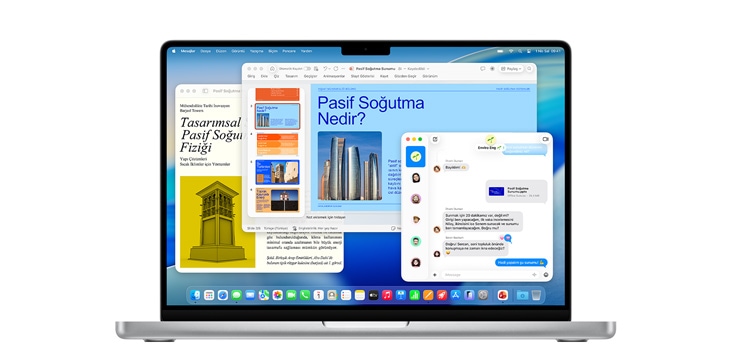 MacBook Pro M4’te Microsoft PowerPoint ve Mesajlar gibi uygulamaların gösterimi.