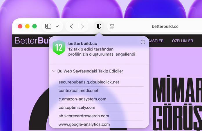 Gizlilik Raporu özelliği kullanılıyor, Safari’nin kullanıcının profilinin çıkarılmasını engellediği siteler arası izleme faaliyetlerinin listesi gösteriyor