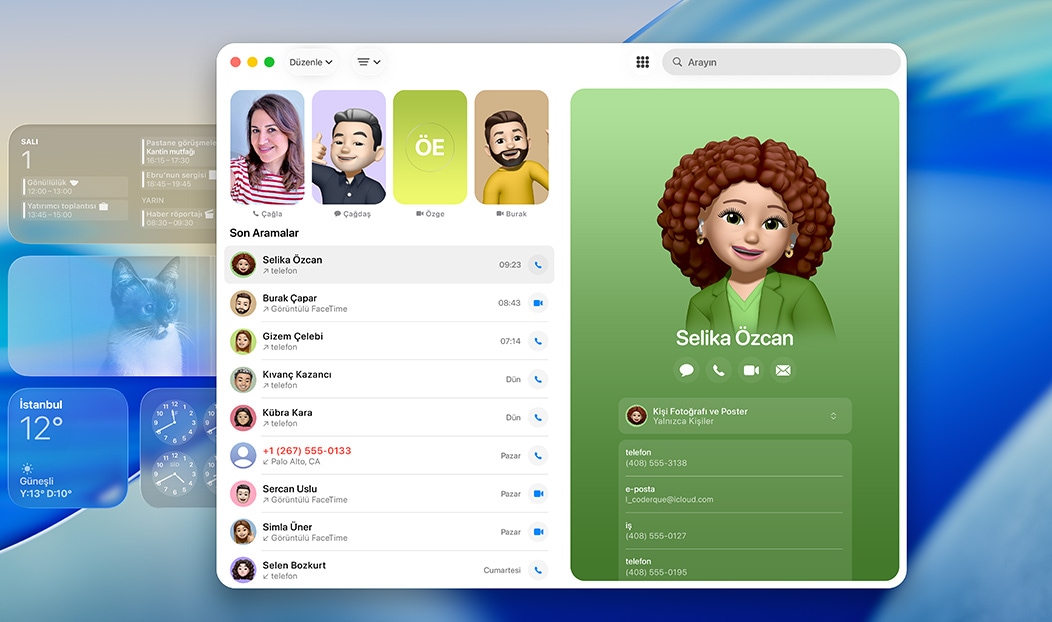 MacBook Pro, Telefon uygulaması açık, yakınlarda aranan bir kişi gösteriliyor