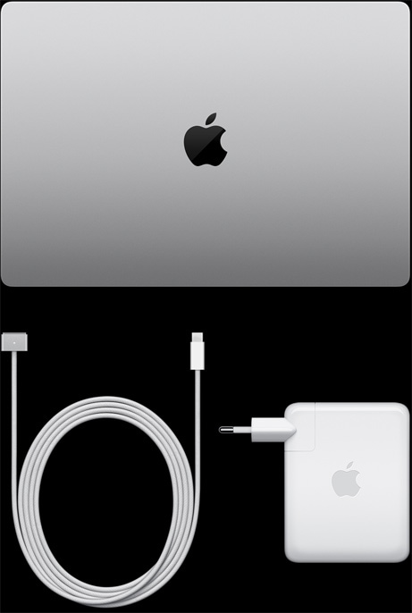 Gümüş rengi MacBook Pro, kapalı durumda ve üstten görünümüyle, şarj kablosu ve adaptörün yanında gösteriliyor