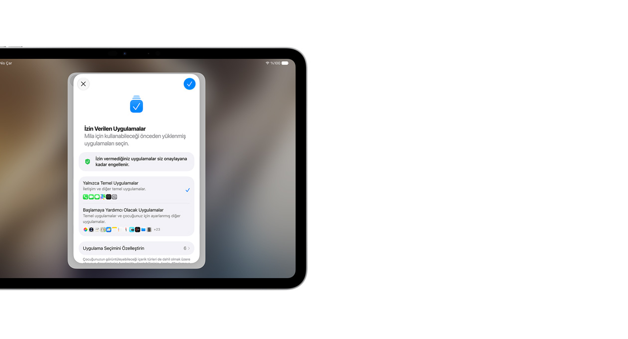 Gümüş Rengi 11 inç iPad Pro, ekranda ebeveynlerin çocukları için seçebileceği uygulamaların yer aldığı Ayarlama Yardımcısı uygulaması gösteriliyor.