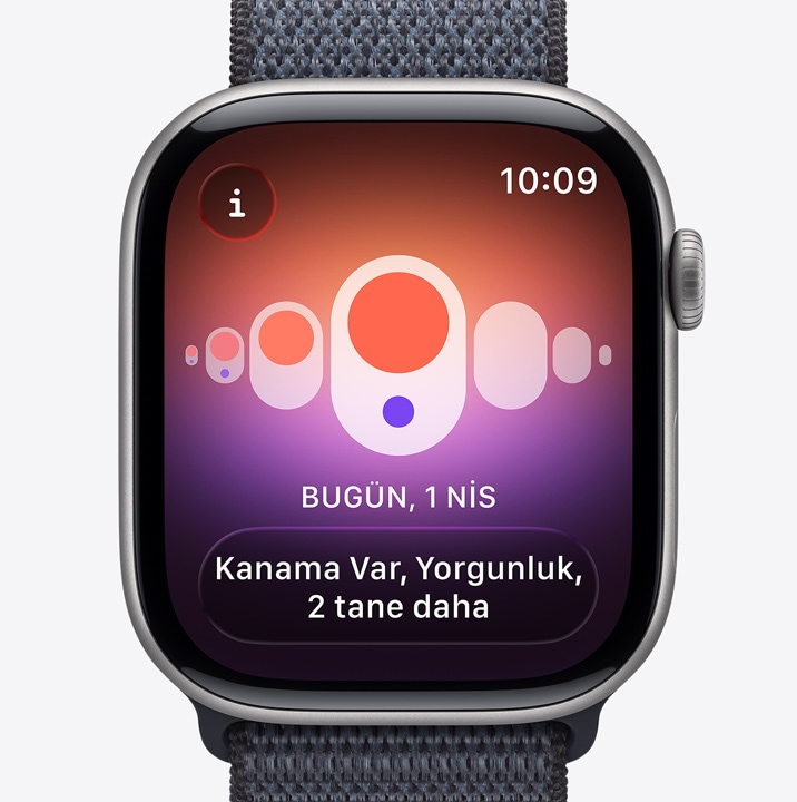Apple Watch Series 11, uzay grisi renk, alüminyum kasa, Sağlık uygulamasındaki Döngü İzleme’den yumurtlama zamanı tahminiyle ilgili bildirim, Digital Crown, Spor Loop, koyu gri renk