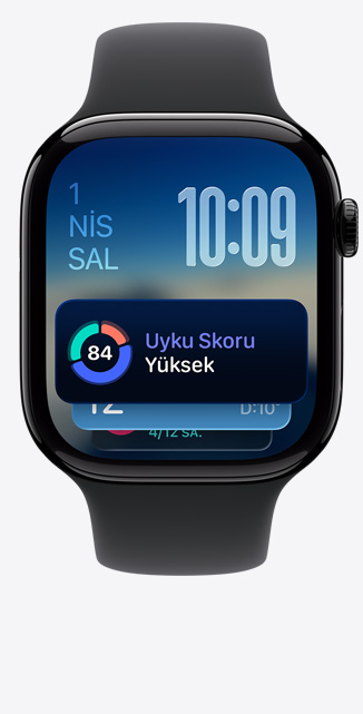 Apple Watch Series 11, alüminyum kasa, parlak simsiyah renk, Akıllı Gruplama, uyku skoru uyarısı, yandan görünüm, Digital Crown, siyah Spor Kordon