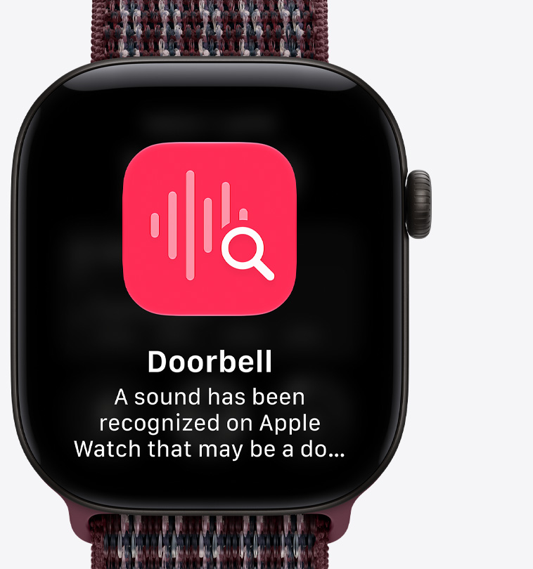 Apple Watch Series 12，展示黑色鋁金屬錶殼，搭配勃根地紅格紋運動型錶環，螢幕顯示已釘選的對話畫面