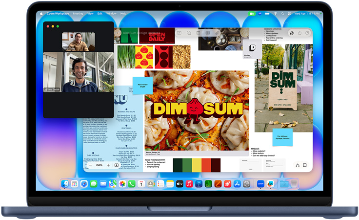 MacBook Neo кольору «індиго», триває відеовиклик, відкрите вікно Freeform з меню, фотографіями страв та ілюстраціями для азійського ресторану