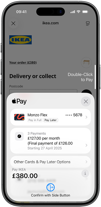 iPhone shows shopping bag checkout screen. On the bottom half of the screen is an Apple Pay window with Pay Later via Monzo Flex selected as the payment option. The payer is being prompted to pay for their chosen goods by confirming the transaction with the side button.