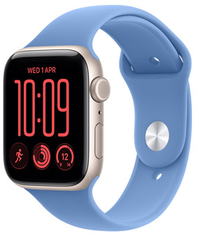 Apple Watch SE 3, aluminium case, starlight colour, right side exterior, Digital Crown dial, microphone, side button, connected to Sport Band, wildflower blue colour (powder blue), pin-and-tuck closure (silver pin)