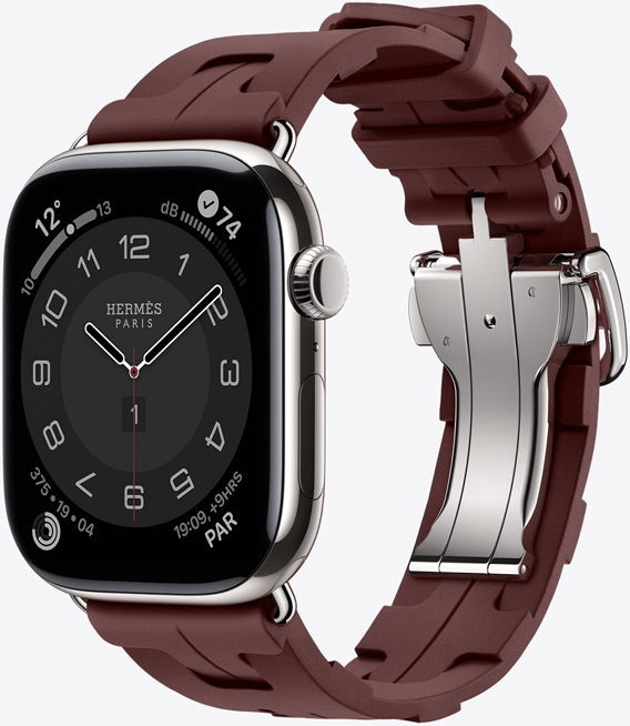 Apple Watch Hermès Series 11, titanium case, silver colour, Kilim strap, bordeaux colour, silver quick-release metal buckle