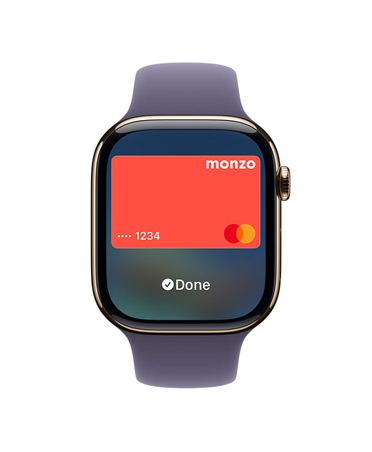 Apple Watch Series 11, gold colour, titanium case, Apple Pay, right side exterior, Digital Crown, purple fog Sport Band