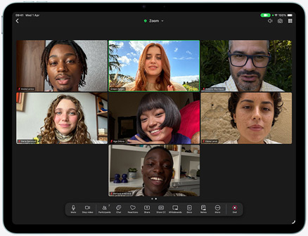 iPad Air, front exterior, displaying Zoom Workplace showing multiple people in separate boxes
