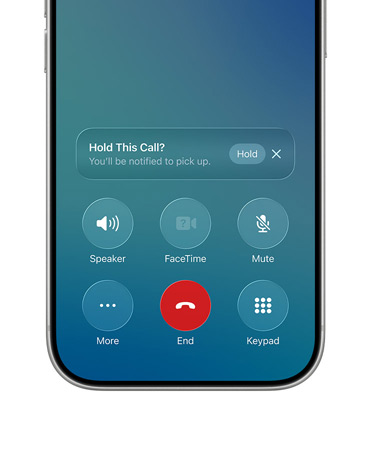 iPhone, bottom half of screen shows an active call with new Hold Assist option and a Hold button notification