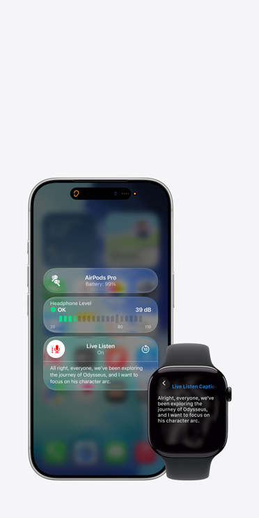 Écran d’iPhone 17 Pro affichant une session d’Écoute en temps réel active avec la transcription de l’audio capturé et écran d’Apple Watch Series 11 affichant les Sous-titres en direct du même audio