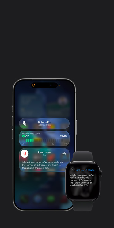 Écran d’iPhone 17 Pro affichant une session d’Écoute en temps réel active avec la transcription de l’audio capturé et écran d’Apple Watch Series 11 affichant les Sous-titres en direct du même audio