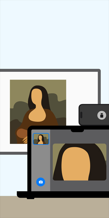 Illustration animée de l’app Loupe sur l’écran d’un MacBook zoomant sur l’image de la Joconde affichée sur un tableau blanc en classe