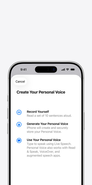 Écran de l’iPhone 17 Pro affichant la fonctionnalité Voix personnelle avec des instructions indiquant comment créer votre Voix personnelle