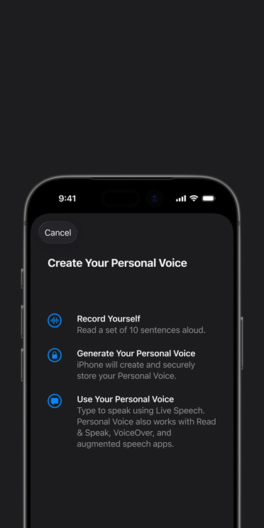 Écran de l’iPhone 17 Pro affichant la fonctionnalité Voix personnelle avec des instructions indiquant comment créer votre Voix personnelle
