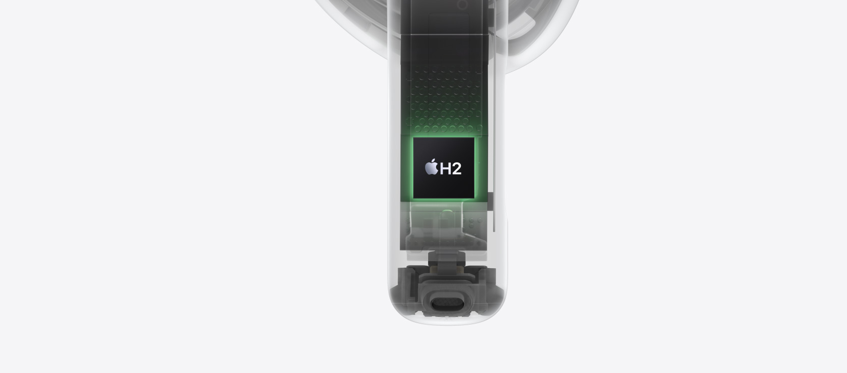 Den indvendige udformning af AirPods 5 med H2-chippen fremhævet inde i staven.