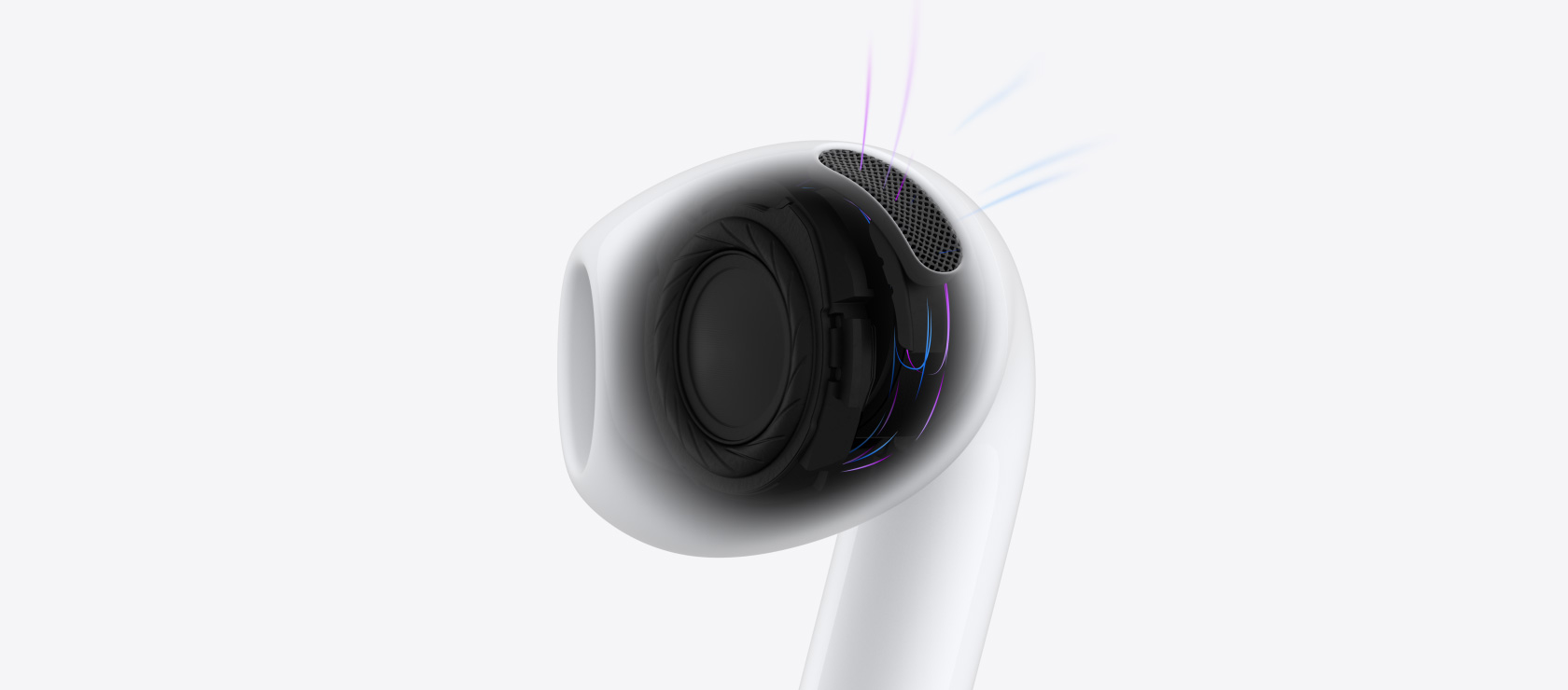 Den indvendige udformning af AirPods 5 vist med blå linjer, der angiver luft og lyd, der kommer gennem øretelefonen