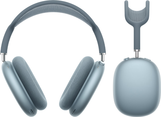 블루 색상 AirPods Max 2를 정면과 옆면에서 바라본 모습