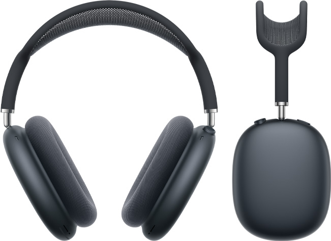 미드나이트 색상 AirPods Max 2를 정면과 옆면에서 바라본 모습