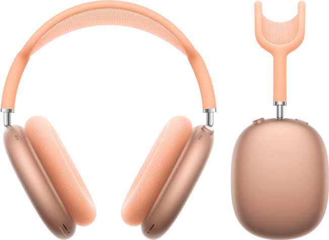 오렌지 색상 AirPods Max 2를 정면과 옆면에서 바라본 모습