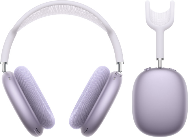 퍼플 색상 AirPods Max 2를 정면과 옆면에서 바라본 모습