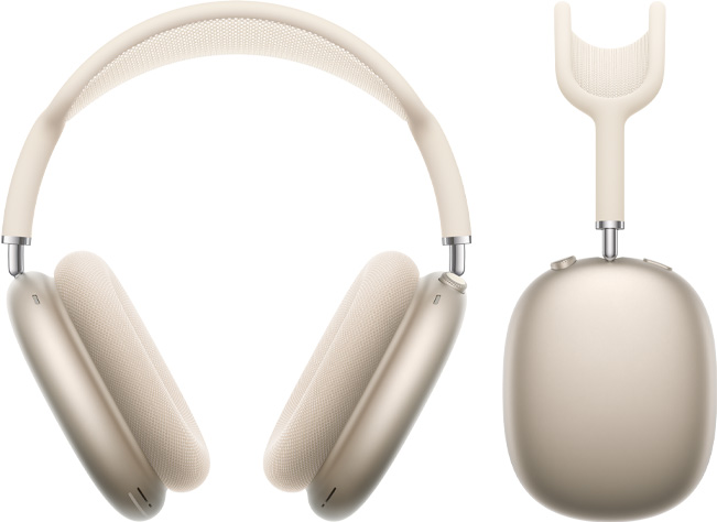 스타라이트 색상 AirPods Max 2를 정면과 옆면에서 바라본 모습