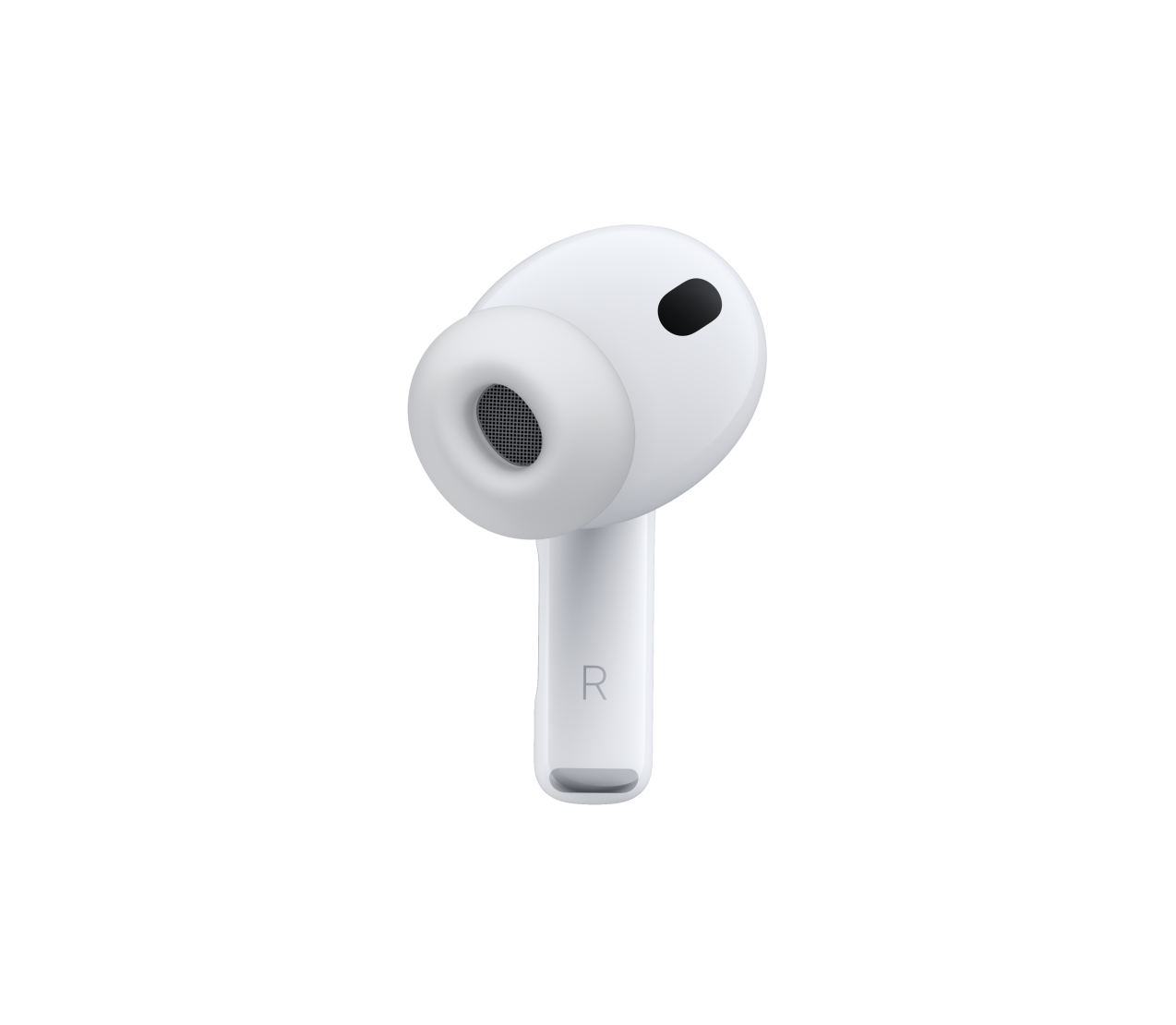 AirPods Pro 3, Farbe Weiß, Mikrofon für Geräuschunterdrückung, Ohreinsatz aus Silikon, kurzes Ende mit dem Buchstaben R