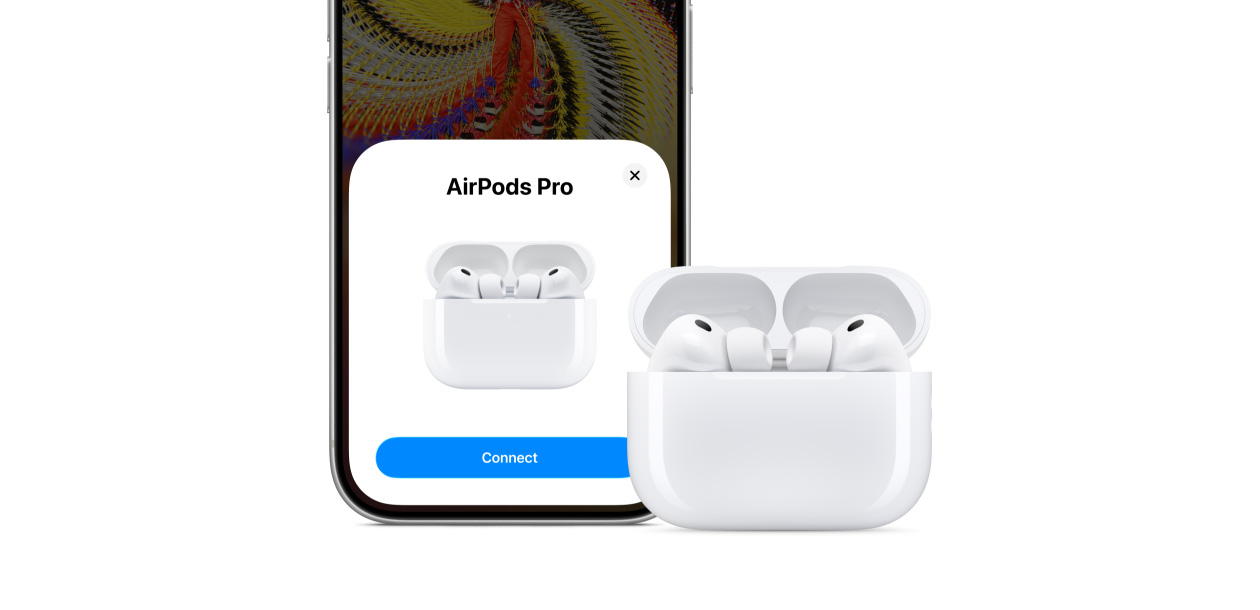 iPhone 17 Pro, na ekranie widoczna funkcja Łączność, AirPods Pro 3 i etui ładujące MagSafe (USB‑C)