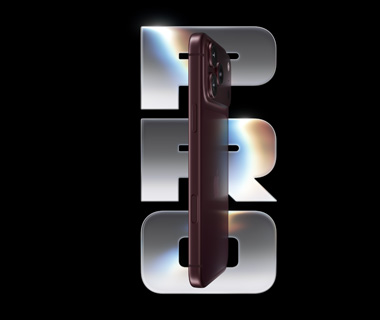 iPhone 18 Pro, angle view, behind it are bold letters 'PRO' in colour metallic