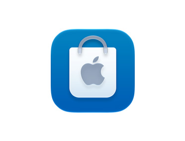 Apple Store app icon, blue color, with a gray Apple logo on a white shopping bag