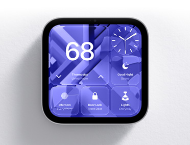 Apple HomeView display, screen shows Home app dashboard with thermostat set to 68 degrees, analog clock, Good Night scene, intercom, door lock, and lights controls