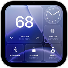 Apple HomeView display, screen shows Home app dashboard with thermostat set to 68 degrees, analog clock, intercom, Arrive Home scene, door lock, and lights controls