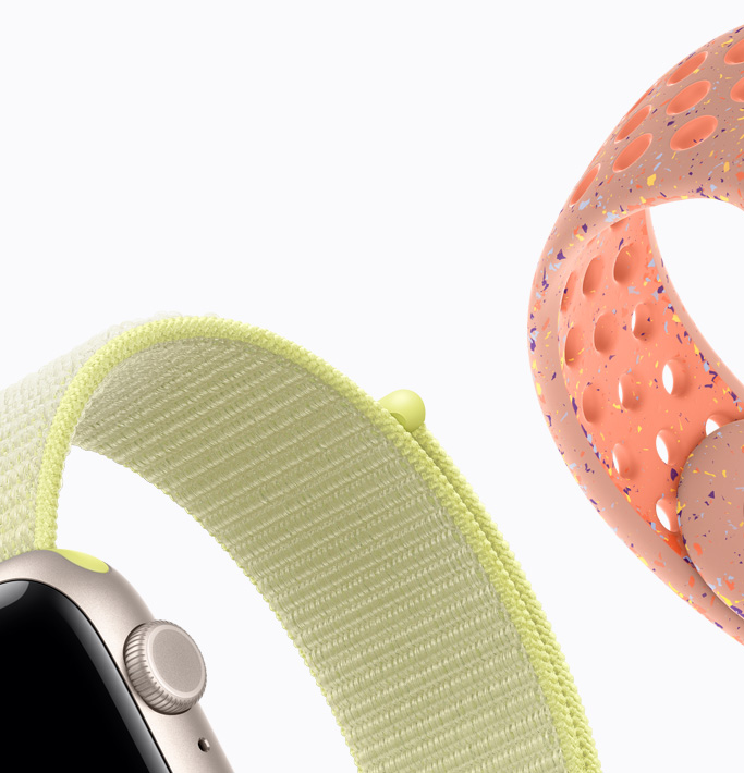 Apple Watch SE 3, alumiinikuori, värinä tähtivalkea, neonkeltainen Sport Loop ‑ranneke, Alpenglow Pink Nike Sport ‑ranneke