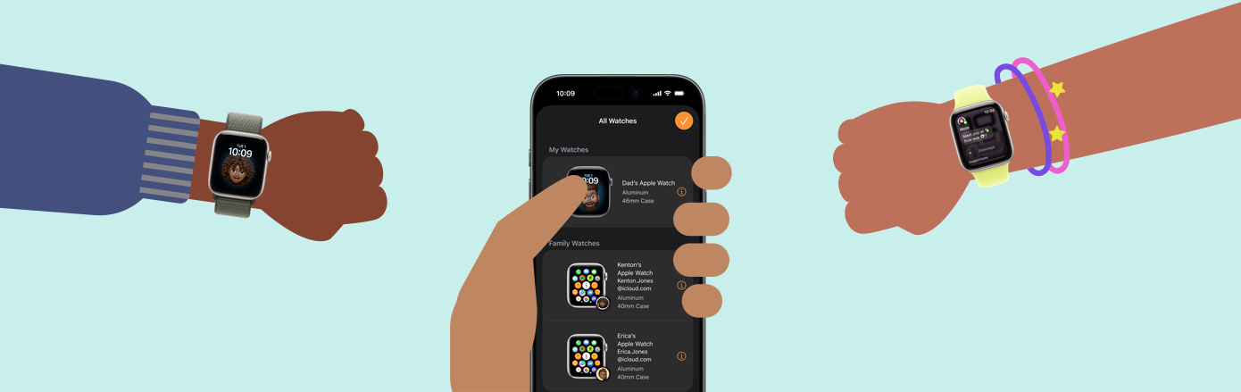 Piirros kahden lapsen kädestä, ranteissa Apple Watch SE 3, aikuisen käsi pitelee iPhone 17:ää