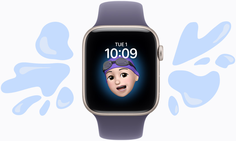 Apple Watch SE 3, alumiinikuori, värinä tähtivalkea, Memoji-kellotaulu, kuvitus, jossa vesitiivis laite hylkii vesiroiskeita, usvanvioletin värinen urheiluranneke