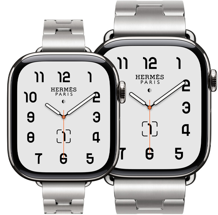 Två Apple Watch Hermès Series 11-enheter, titanboetter i silver, Grand H Fin-armband och Grand-armband i färgen Satiné