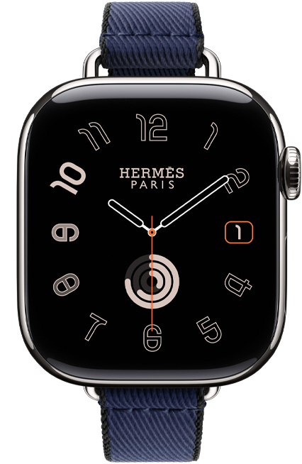 Apple Watch Hermès Series 11, titanboett, silverfinish, urtavlan Radial, armband Twill Jump Attelage Simple Tour, färg Navy/Noir
