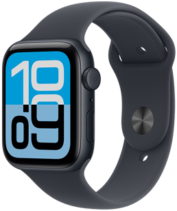 Vista lateral direita do Apple Watch SE 3, com caixa em alumínio meia-noite, mostrador Fluxo, Digital Crown, microfone, botão lateral e Bracelete desportiva meia-noite com fecho de clipe prateado