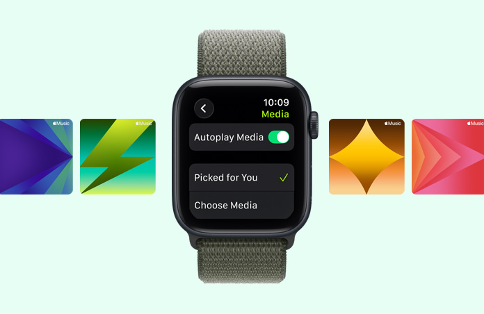 Apple Watch SE 3 com caixa em alumínio meia-noite, sugestões de playlists de treino da Apple Music e Loop desportiva floresta