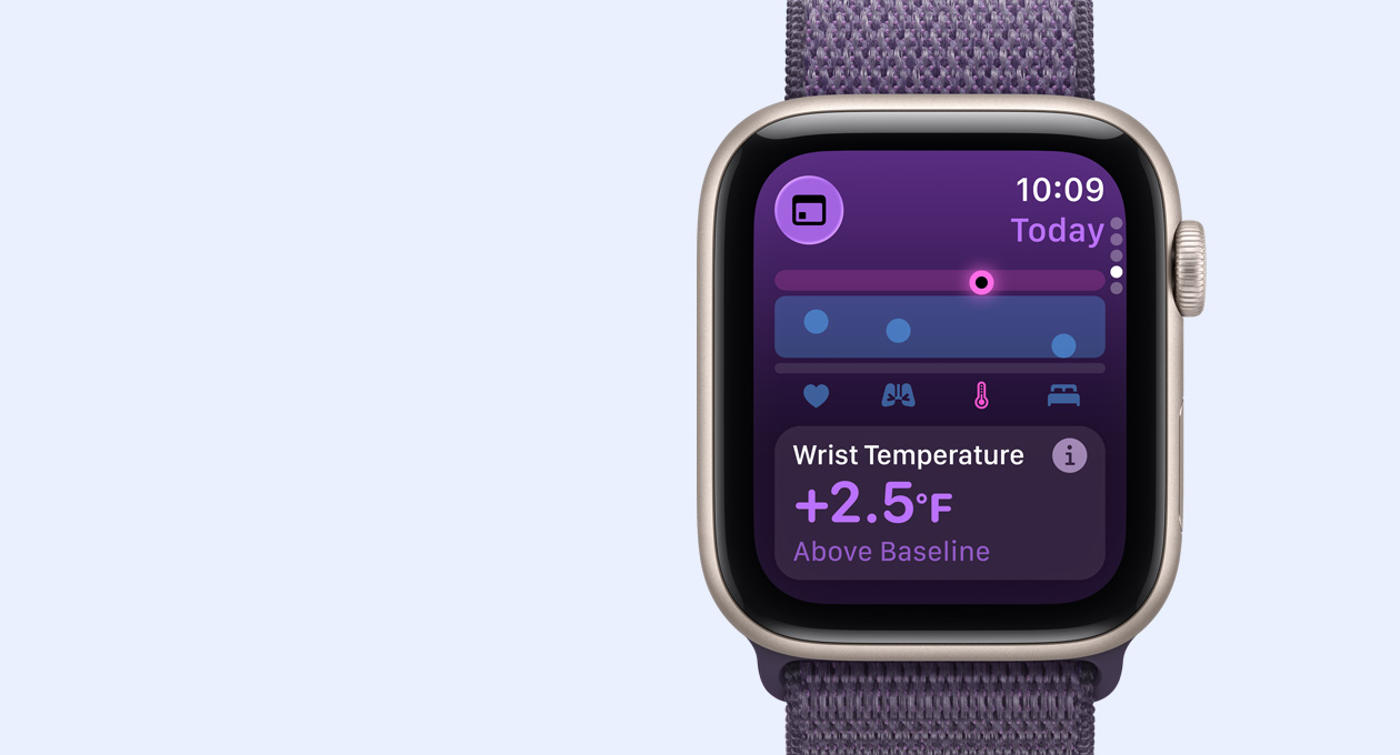 Vista lateral direita do Apple Watch SE 3 com caixa em alumínio meia-noite, métricas de temperatura do pulso, Digital Crown e Loop desportiva azul-âncora