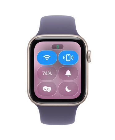 Vista lateral direita do Apple Watch SE 3 com caixa em alumínio luz das estrelas, ícone Localizar iPhone, Digital Crown e Bracelete desportiva roxo névoa