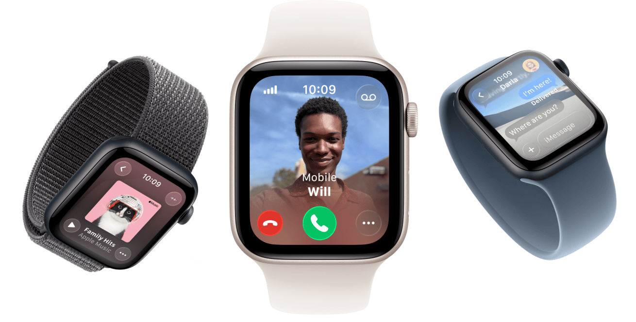 Dispositivos Apple Watch SE 3 com caixas em alumínio nas cores luz das estrelas e meia-noite, com Bracelete Solo entrançada curcuma, Bracelete Solo amarela-néon, Loop desportiva cinzenta escura, ecrãs: Apple Pay, Central de controlo, Apple Music