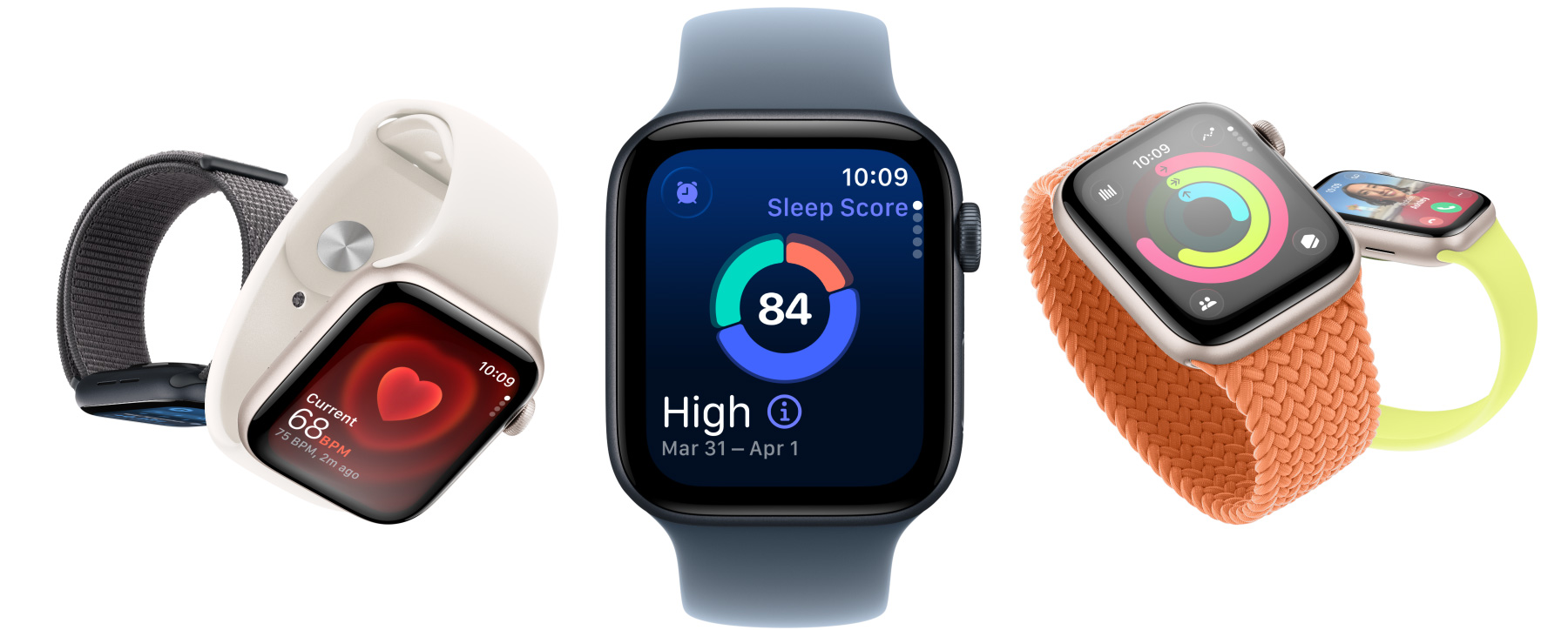 Dispositivos Apple Watch SE 3 com caixas em alumínio luz das estrelas e meia-noite, ecrãs da app Sinais Vitais, app Frequência cardíaca, Classificação do sono, anéis de Atividade e chamada recebida