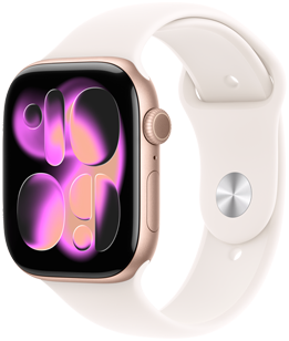 Apple Watch Series 11‏، لون ذهبي وردي، إطار ألومنيوم، واجهة الساعة Responsive Art، الجزء الخارجي الأيمن، التاج الرقمي‏، ميكروفون، الزر الجانبي، حزام رياضي خوخي متورد