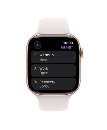 Apple Watch Series 11, ružičasto zlatna boja, aluminijsko kućište, aplikacija Trening, kartica Prilagođeni trening, remen, sportski remen rumene boje